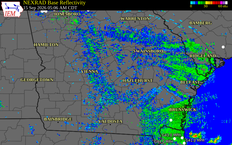 Current NEXRAD radar over Dodge County, Georgia with recent storm report locations