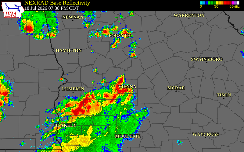 NEXRAD radar during the Saturday, July 18, 2026 storm activity in Dooly County, Georgia