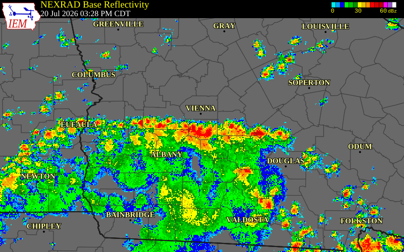 NEXRAD radar during the Monday, July 20, 2026 storm activity in Dooly County, Georgia