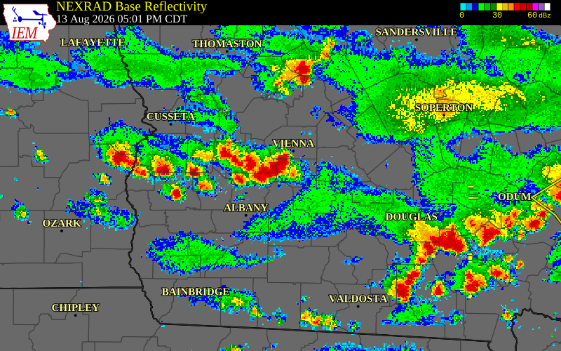 NEXRAD radar during the Thursday, August 13, 2026 storm activity in Dooly County, Georgia