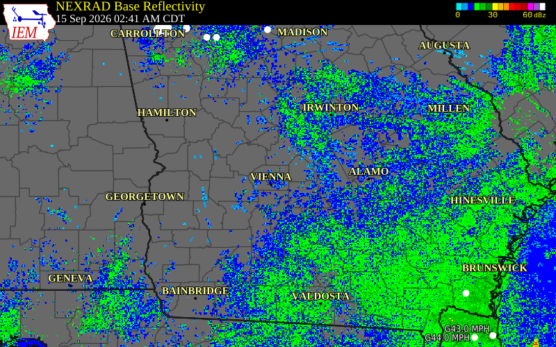 Current NEXRAD radar over Dooly County, Georgia with recent storm report locations