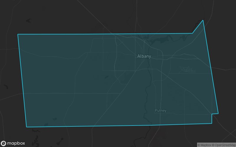Map of Dougherty County, Georgia showing the county boundary and surrounding cities