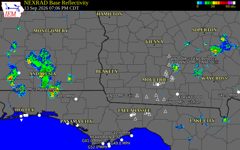 Current NEXRAD radar over Dougherty County, Georgia with recent storm report locations