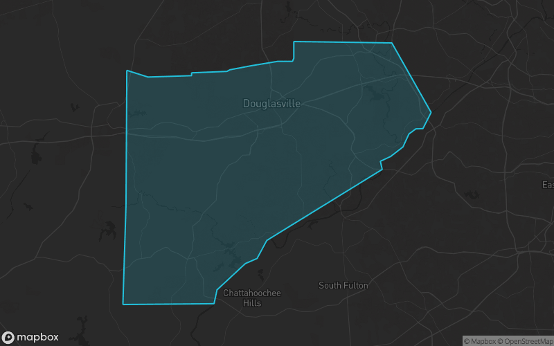Map of Douglas County, Georgia showing the county boundary and surrounding cities