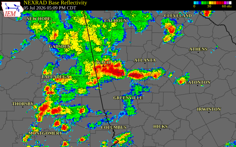 NEXRAD radar during the Sunday, July 5, 2026 storm activity in Douglas County, Georgia