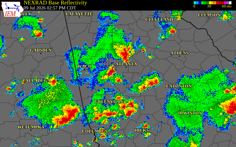 NEXRAD radar during the Thursday, July 9, 2026 storm activity in Douglas County, Georgia