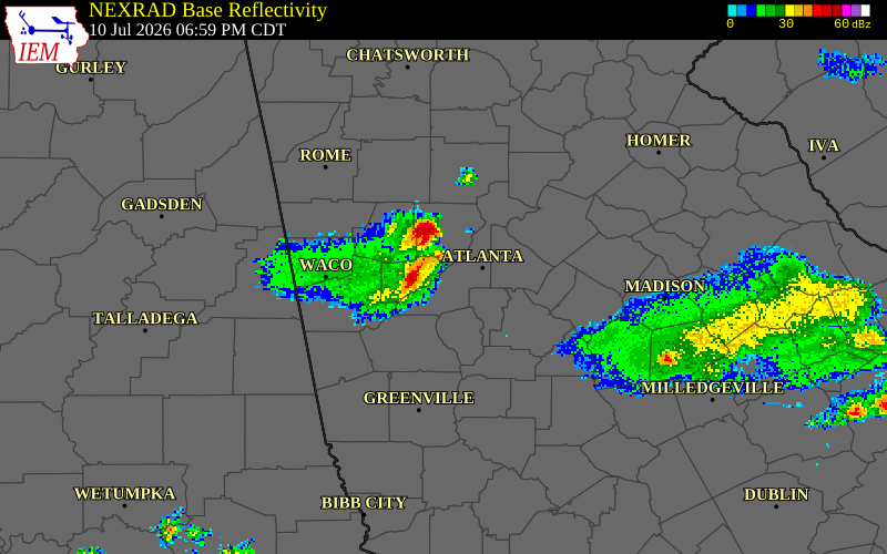 NEXRAD radar during the Friday, July 10, 2026 storm activity in Douglas County, Georgia