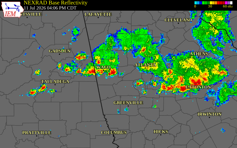 NEXRAD radar during the Saturday, July 11, 2026 storm activity in Douglas County, Georgia