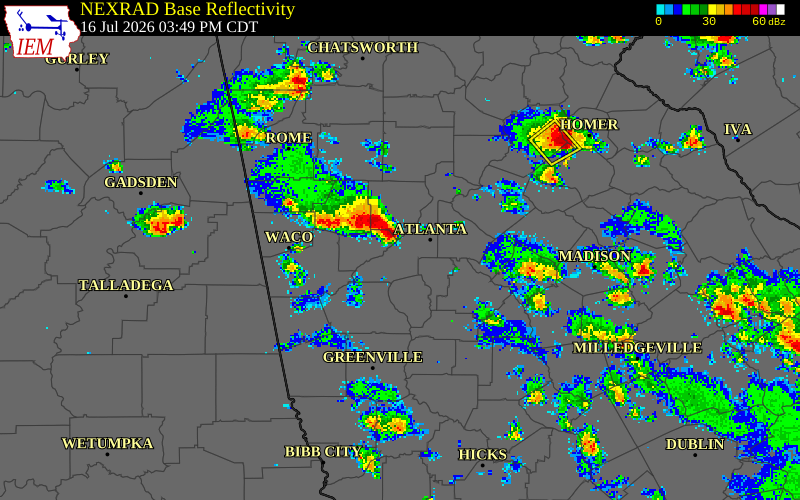 NEXRAD radar during the Thursday, July 16, 2026 storm activity in Douglas County, Georgia