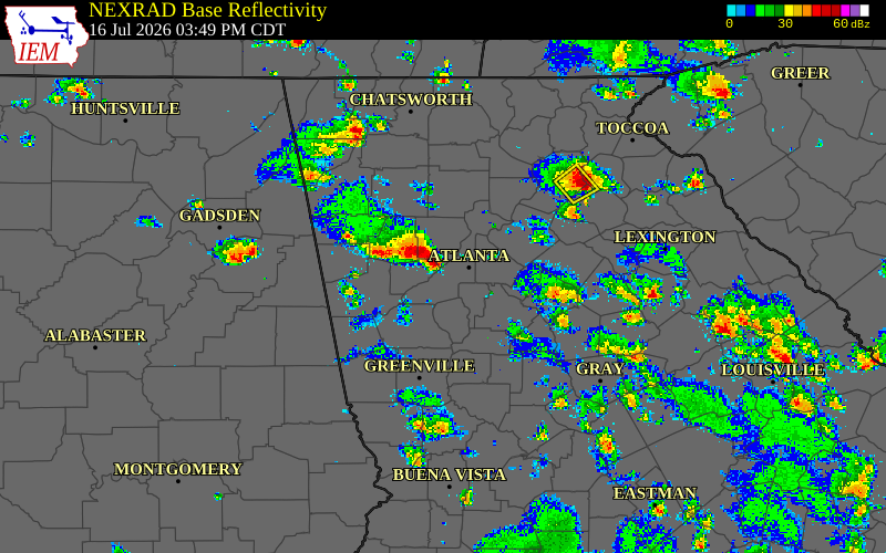 Radar snapshot during the Jul 16, 2026 wind event near Douglas County, Douglas County, Georgia, with NWS warning polygons