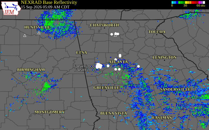 Current NEXRAD radar over Douglas County, Georgia with recent storm report locations