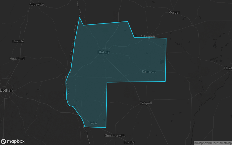 Map of Early County, Georgia showing the county boundary and surrounding cities