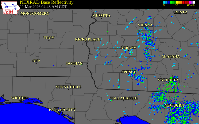 NEXRAD radar during the Wednesday, March 11, 2026 storm activity in Early County, Georgia