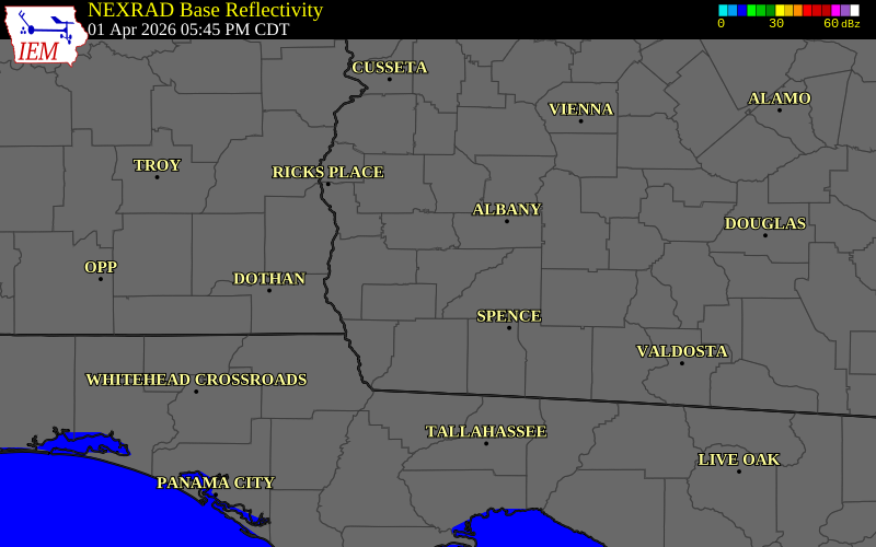 NEXRAD radar during the Wednesday, April 1, 2026 storm activity in Early County, Georgia