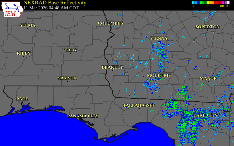 Radar snapshot during the Mar 11, 2026 tornado event near 2 NE Cuba, Early County, Georgia, with NWS warning polygons