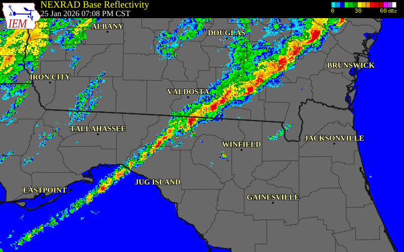 NEXRAD radar during the Sunday, January 25, 2026 storm activity in Echols County, Georgia
