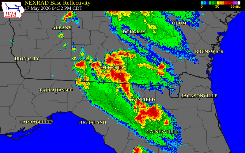 NEXRAD radar during the Sunday, May 17, 2026 storm activity in Echols County, Georgia