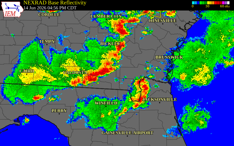NEXRAD radar during the Sunday, June 14, 2026 storm activity in Echols County, Georgia
