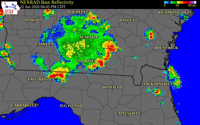 NEXRAD radar during the Monday, June 22, 2026 storm activity in Echols County, Georgia