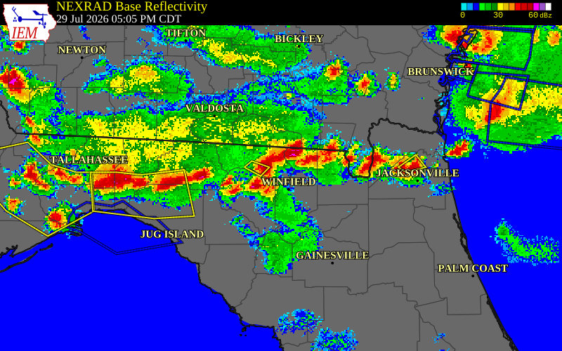 NEXRAD radar during the Wednesday, July 29, 2026 storm activity in Echols County, Georgia