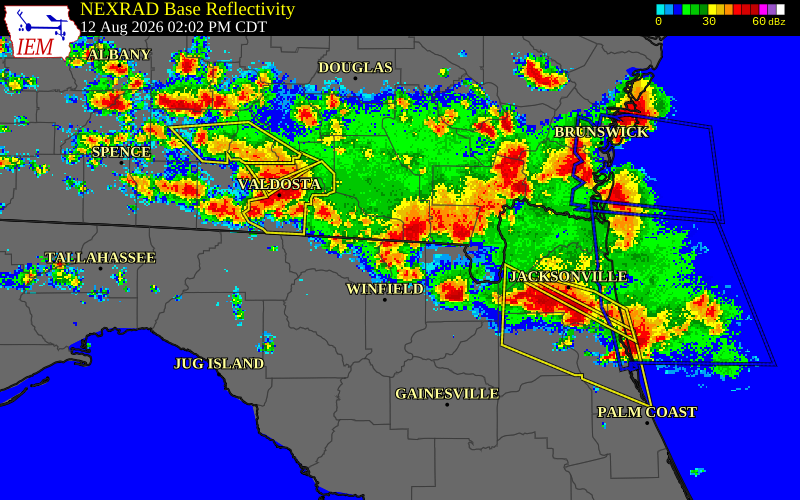 NEXRAD radar during the Wednesday, August 12, 2026 storm activity in Echols County, Georgia