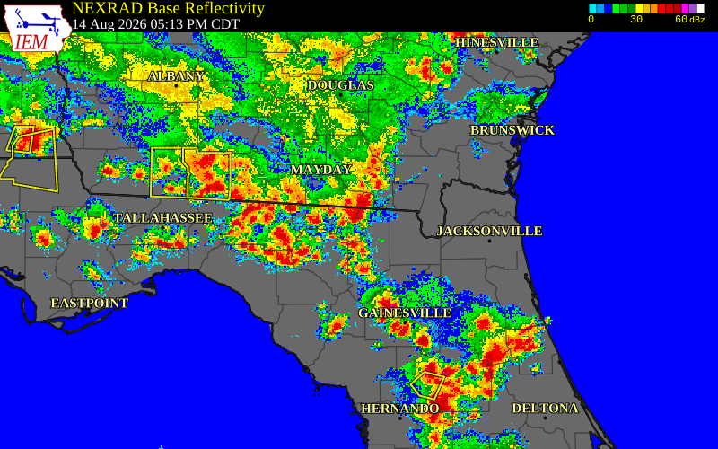 Radar snapshot during the Aug 12, 2026 wind event near Echols County, Echols County, Georgia, with NWS warning polygons