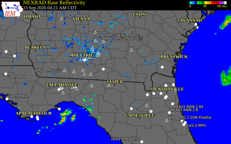Current NEXRAD radar over Echols County, Georgia with recent storm report locations