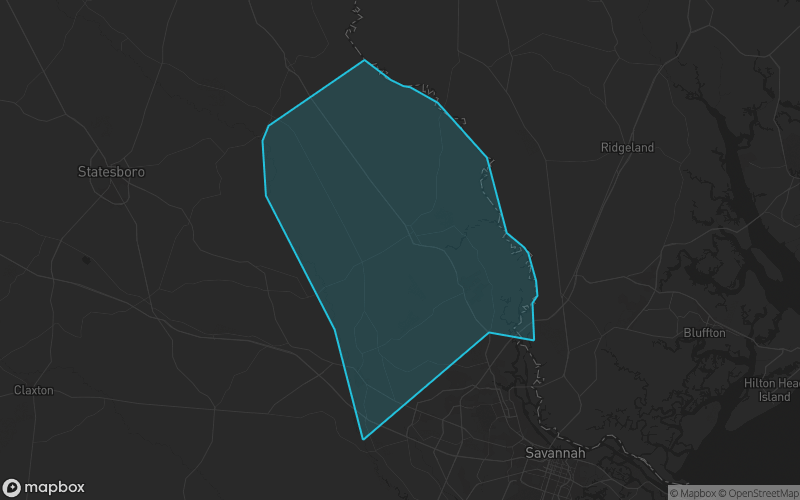 Map of Effingham County, Georgia showing the county boundary and surrounding cities