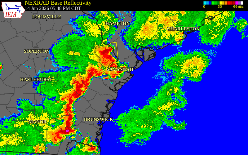 NEXRAD radar during the Sunday, June 14, 2026 storm activity in Effingham County, Georgia