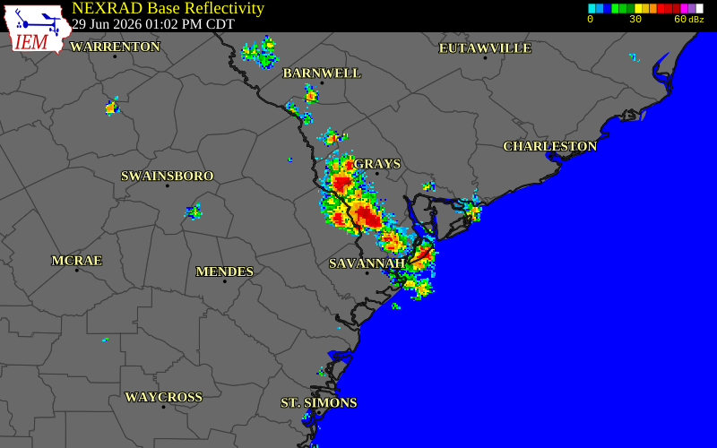 NEXRAD radar during the Monday, June 29, 2026 storm activity in Effingham County, Georgia