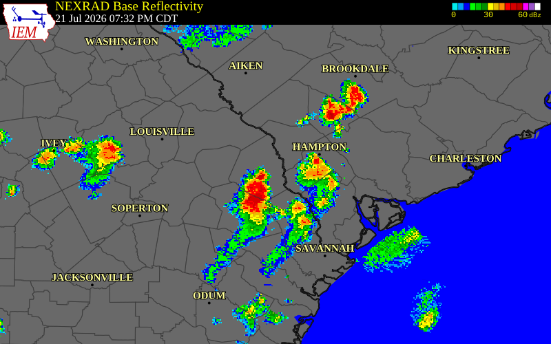 NEXRAD radar during the Tuesday, July 21, 2026 storm activity in Effingham County, Georgia