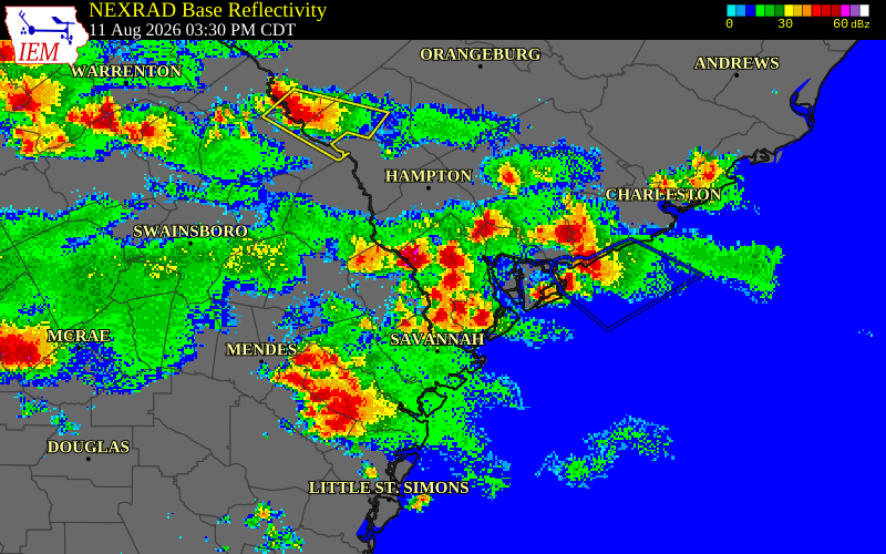 NEXRAD radar during the Tuesday, August 11, 2026 storm activity in Effingham County, Georgia