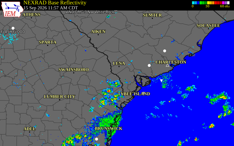 Current NEXRAD radar over Effingham County, Georgia with recent storm report locations