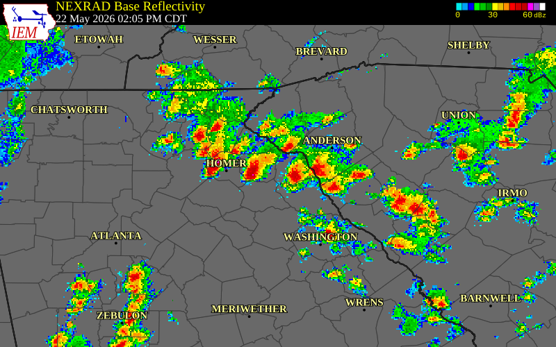 NEXRAD radar during the Friday, May 22, 2026 storm activity in Elbert County, Georgia