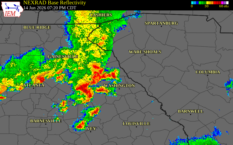 NEXRAD radar during the Sunday, June 14, 2026 storm activity in Elbert County, Georgia