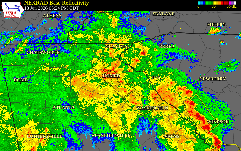NEXRAD radar during the Thursday, June 18, 2026 storm activity in Elbert County, Georgia