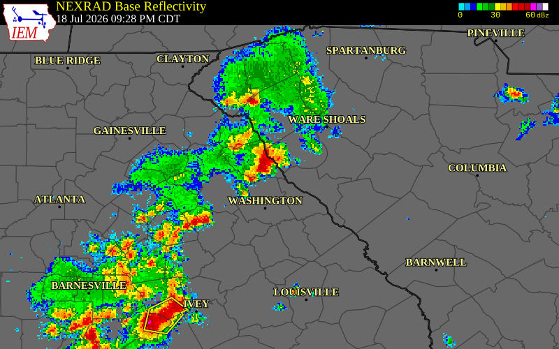 NEXRAD radar during the Saturday, July 18, 2026 storm activity in Elbert County, Georgia
