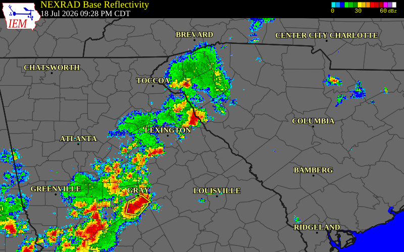 Radar snapshot during the Jul 18, 2026 wind event near Elbert County, Elbert County, Georgia, with NWS warning polygons