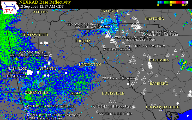 Current NEXRAD radar over Elbert County, Georgia with recent storm report locations