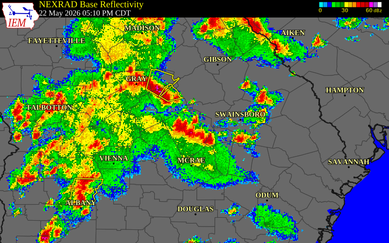 NEXRAD radar during the Friday, May 22, 2026 storm activity in Emanuel County, Georgia