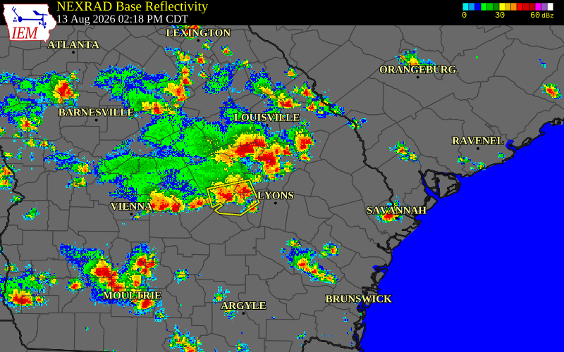 Radar snapshot during the Aug 2, 2026 wind event near Emanuel County, Emanuel County, Georgia, with NWS warning polygons
