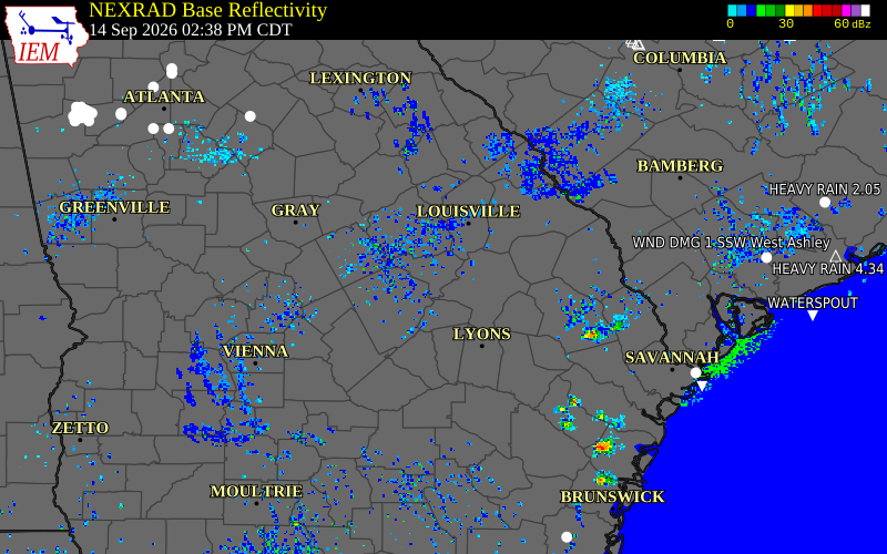 Current NEXRAD radar over Emanuel County, Georgia with recent storm report locations