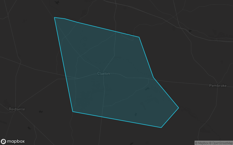 Map of Evans County, Georgia showing the county boundary and surrounding cities