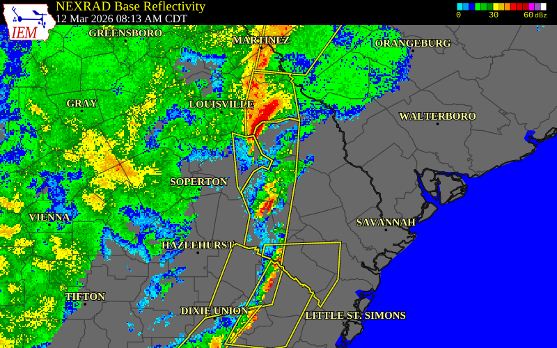 NEXRAD radar during the Thursday, March 12, 2026 storm activity in Evans County, Georgia