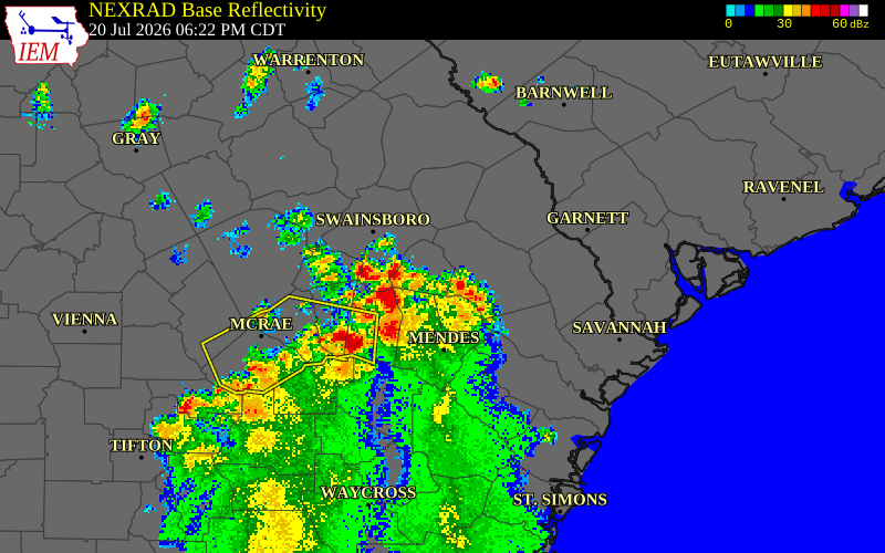 NEXRAD radar during the Monday, July 20, 2026 storm activity in Evans County, Georgia