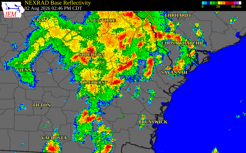 NEXRAD radar during the Sunday, August 2, 2026 storm activity in Evans County, Georgia