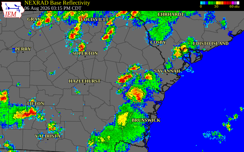 NEXRAD radar during the Thursday, August 6, 2026 storm activity in Evans County, Georgia