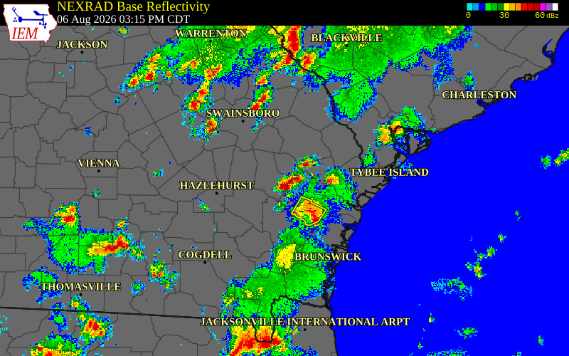 Radar snapshot during the Aug 6, 2026 wind event near Evans County, Evans County, Georgia, with NWS warning polygons