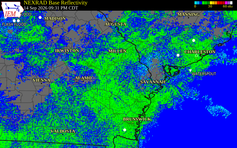 Current NEXRAD radar over Evans County, Georgia with recent storm report locations