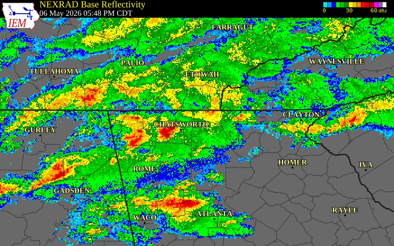 NEXRAD radar during the Wednesday, May 6, 2026 storm activity in Fannin County, Georgia